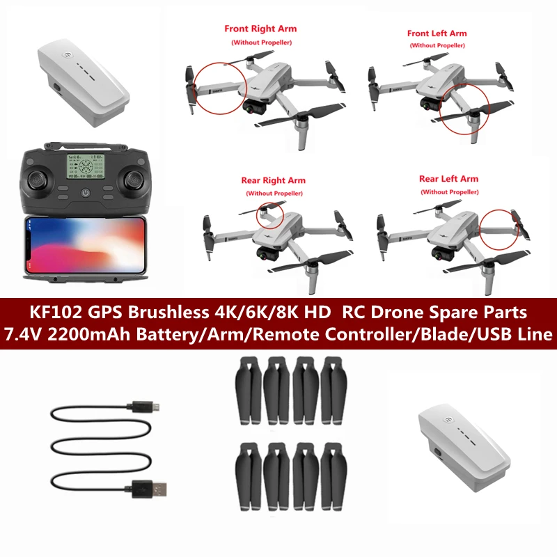 KF102 GPS Brushless 4K/6K/8K HD EIS RC Drone Spare Parts 7.4V 2200mAh 25Min Battery/Remote Controller/Propeller/Arm/USB Cable