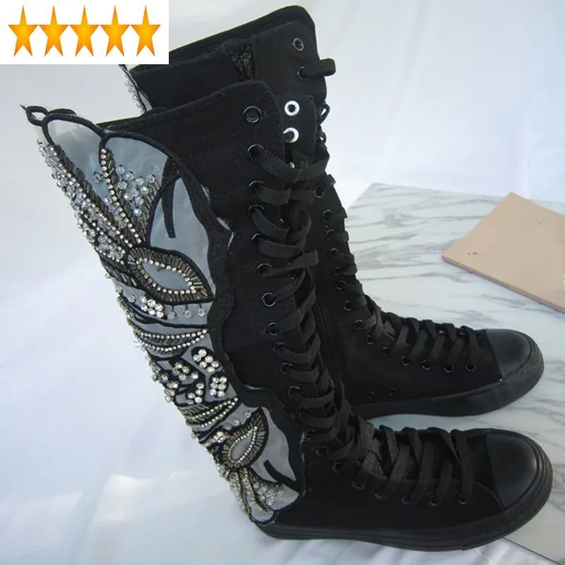 Knot Spliced High-Top Round Butterfly Toe Manual Canvas Lace Up Womens Half Knee Boots Sequins Height Increasing Long Boot