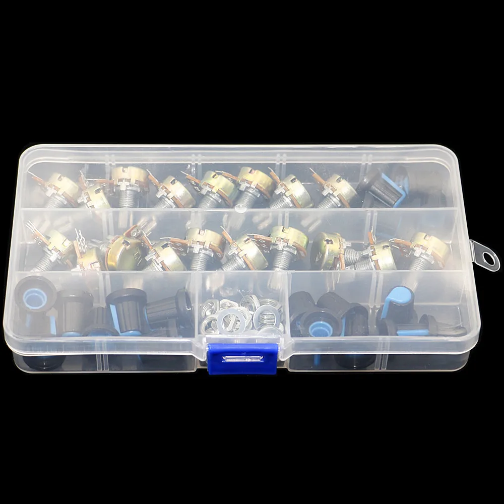 18 adet/kutu WH148 tek potansiyometre kiti B1K/5K/10K/20K/50K/100K/500K/1M kolları tek potansiyometre set mili somun