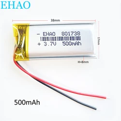 3.7V 500mAh polimerowy akumulator litowo-Lipo 801738 do długopis z funkcją nagrywania Mp3 GPS Bluetooth masażer zestaw słuchawkowy z głośnikiem