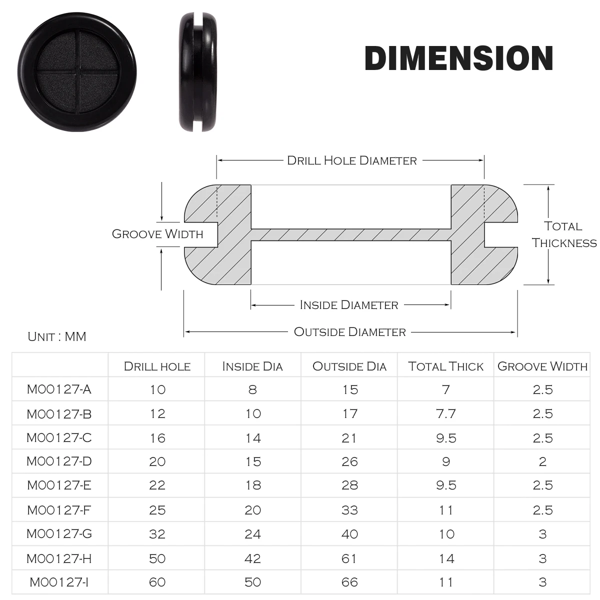 Flexible Rubber Grommet for Cable Hole Cover, Wire Organizer, Cable Pass Through, Round Gasket Black