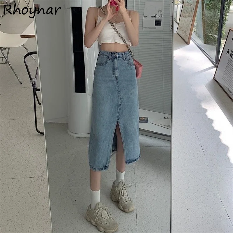 

High Waist Skirts Women Retros Denim Sexy Split Solid Summer Mid-calf Faldas All-match A-line Fashion Preppy Korean Style Street