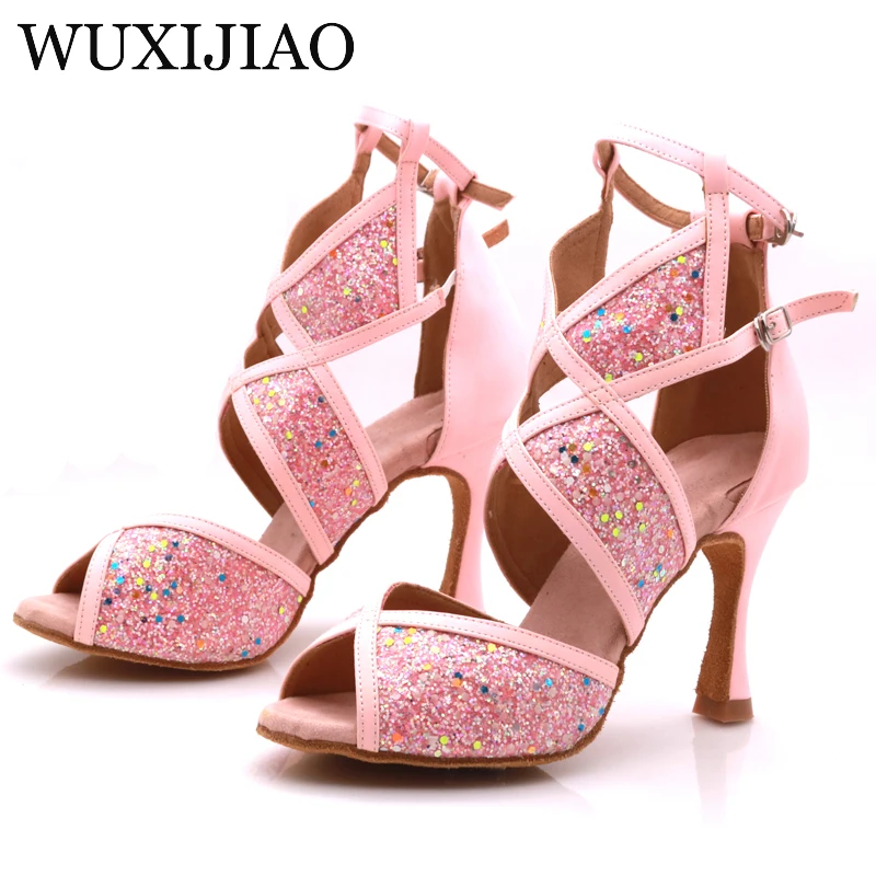 Latin dance shoes women\'s wide with blue pink green fluorescent PU flash cloth salsa dance performance ballroom dance shoes