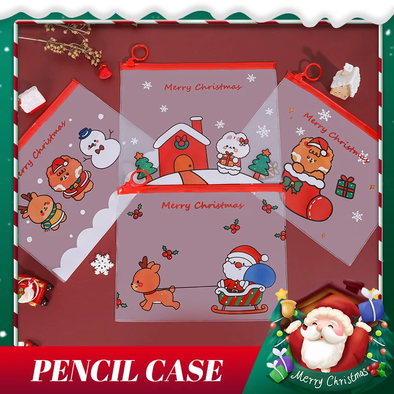 Transparent Christmas Creative Pencil Bag Santa Claus Elk Pencil Case Snowman Student Holiday Gift Office School Stationery