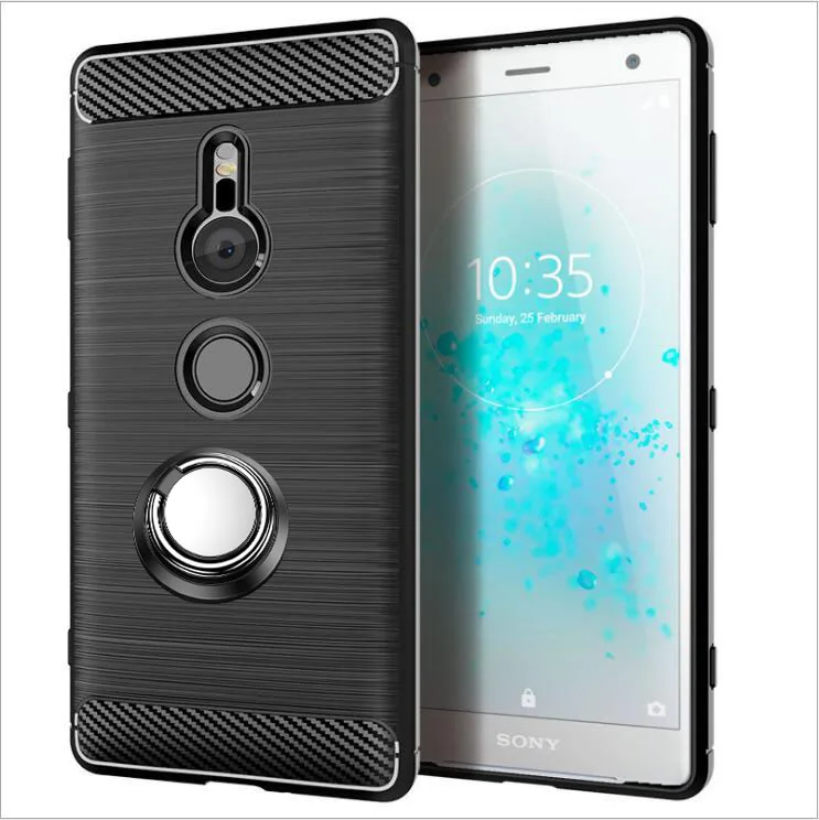 Luxury Brushed Carbon Fiber Phone Case For Sony Xperia XZ2 H8216 H8266 H8276 H8296 Magnetic Ring Holder Cover Case