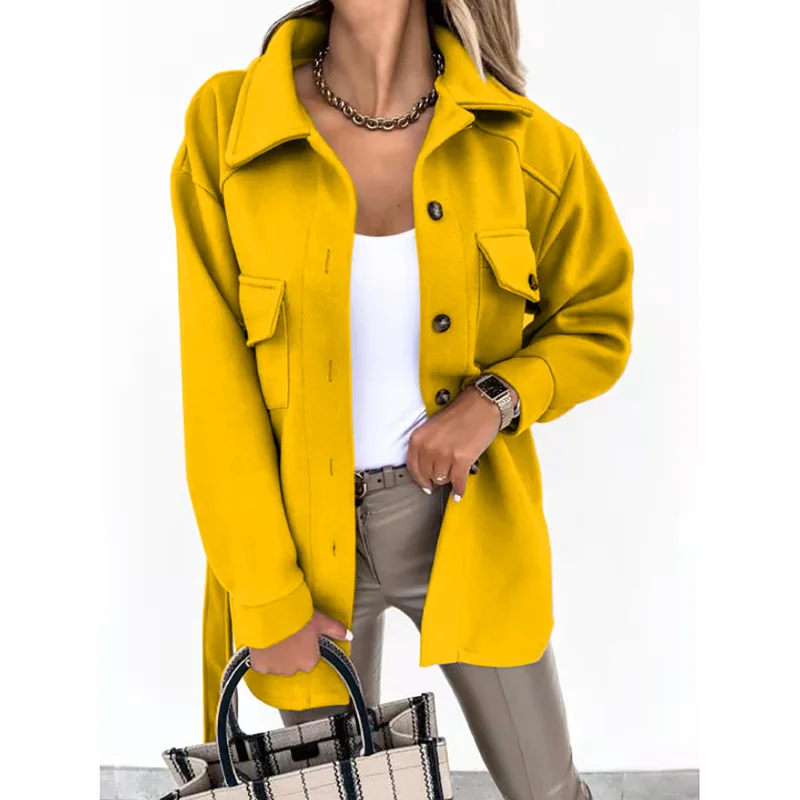 Office Lady Lapel Shirt Jacket Women Autumn Winter Casual Long Sleeve Single Breasted Female Top Coat Thick Solid Loose Coats