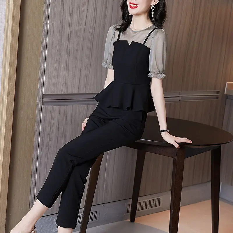 Women Elegant Two Piece Chiffon Sets Business Clothes Office Lady Suit Summer Mesh Splicing Blouses Shirts+Pants 2 Pieces Sets