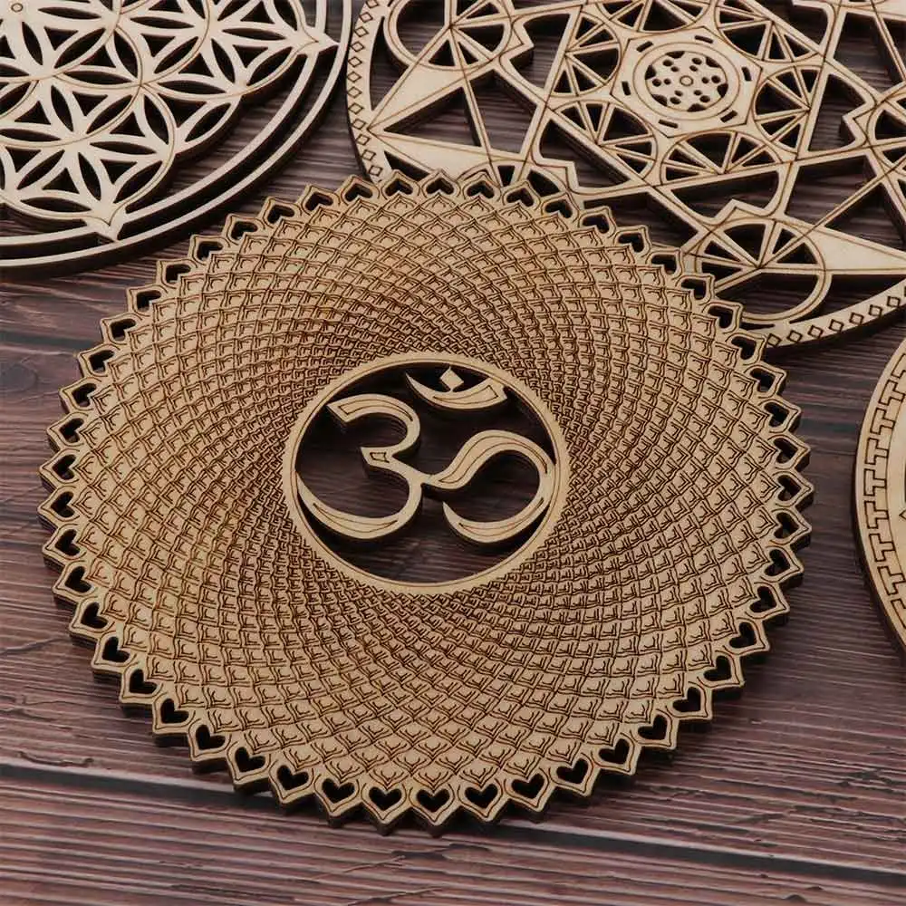 Natural Symbol Wood Chakra Flower of life Energy Mat Round Edge Circles Carved Coaster For Stone Crystal Set Kitchen Wall Decor