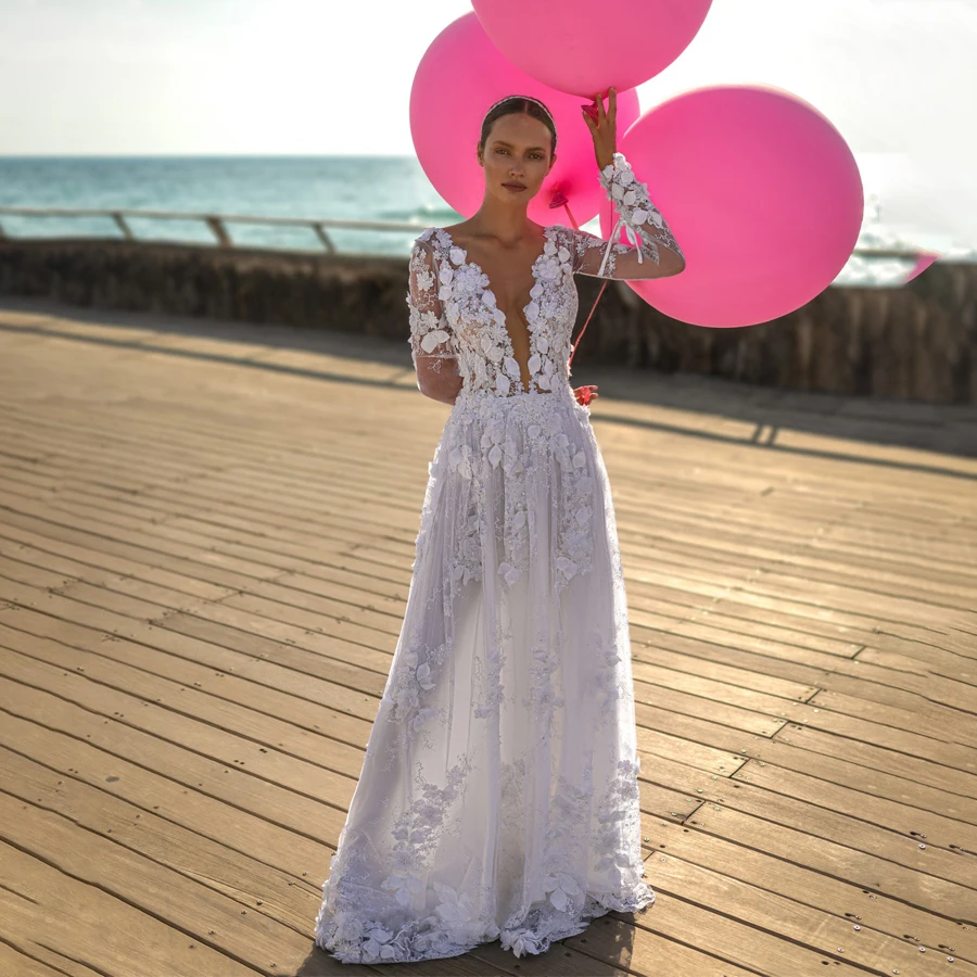 

Deep V-neck 3D Flowers Lace Sheath Long Sleeves Wedding Dress White vestido de fiesta de boda Bridal Dress Sweep Train