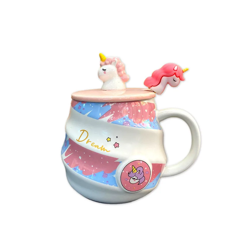 Cute 3D Unicorn Ceramic Mug With Lids Spoon Coffee Cups Lovely Mug Couple Creative Girl New Year Christmas Drinkware Gift