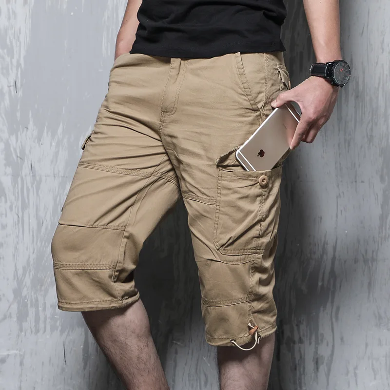 Summer Long Length Cargo Shorts Men Knee Multi Pocket Casual Cotton Elastic Waist Bermudas Male Military Style Hot Breeches