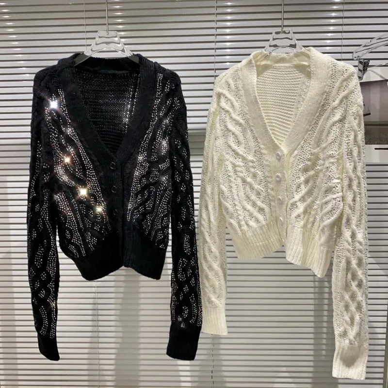 Short Women Sweater V-Neck Single-Breasted Diamond Shiny Twist-Flower Female Cardigan Spring Autumn Loose Solid Knitting Jacket