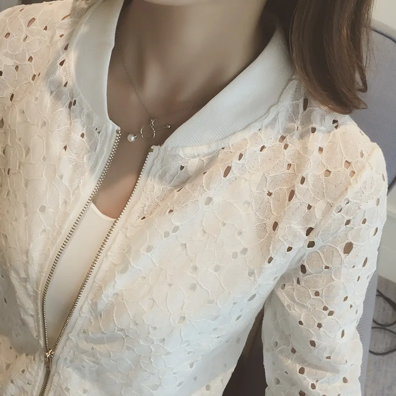 Chaqueta de encaje de manga larga para mujer, abrigo de bombardero transpirable ahuecado, sólido, Delgado, con encaje, protector solar, ropa de