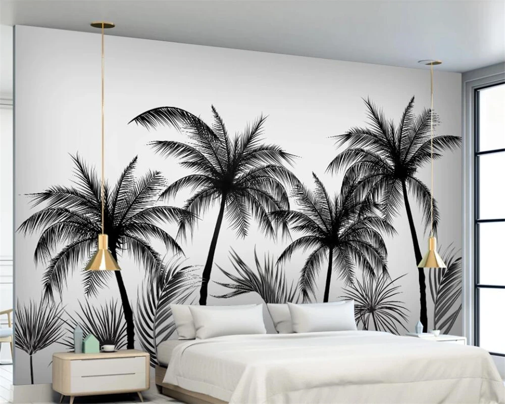 Papel tapiz personalizado para paredes, murales de fondo de TV de estilo europeo, blanco y negro, selva tropical, árbol de coco, 3 d