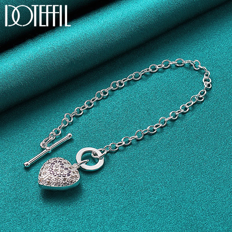 DOTEFFIL 925 Sterling Silver Purple AAA Zircon Heart Bracelet Chain For Women Wedding Engagement Party Fashion Jewelry