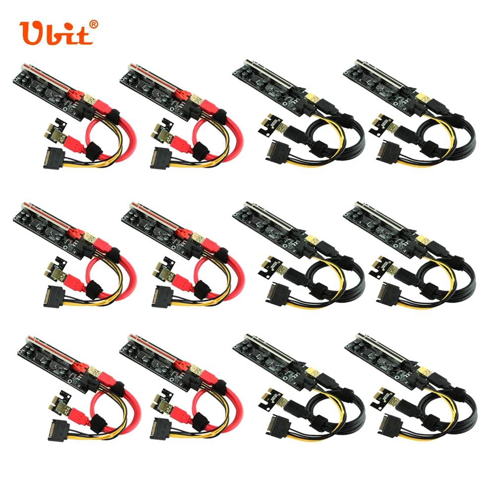 

12x Ubit PCI-E Riser Adapter Cable USB3.0 PCI Express Card 1X to 16X V009S PLUS 6Pin Sata Graphics Extension For Ethereum Mining