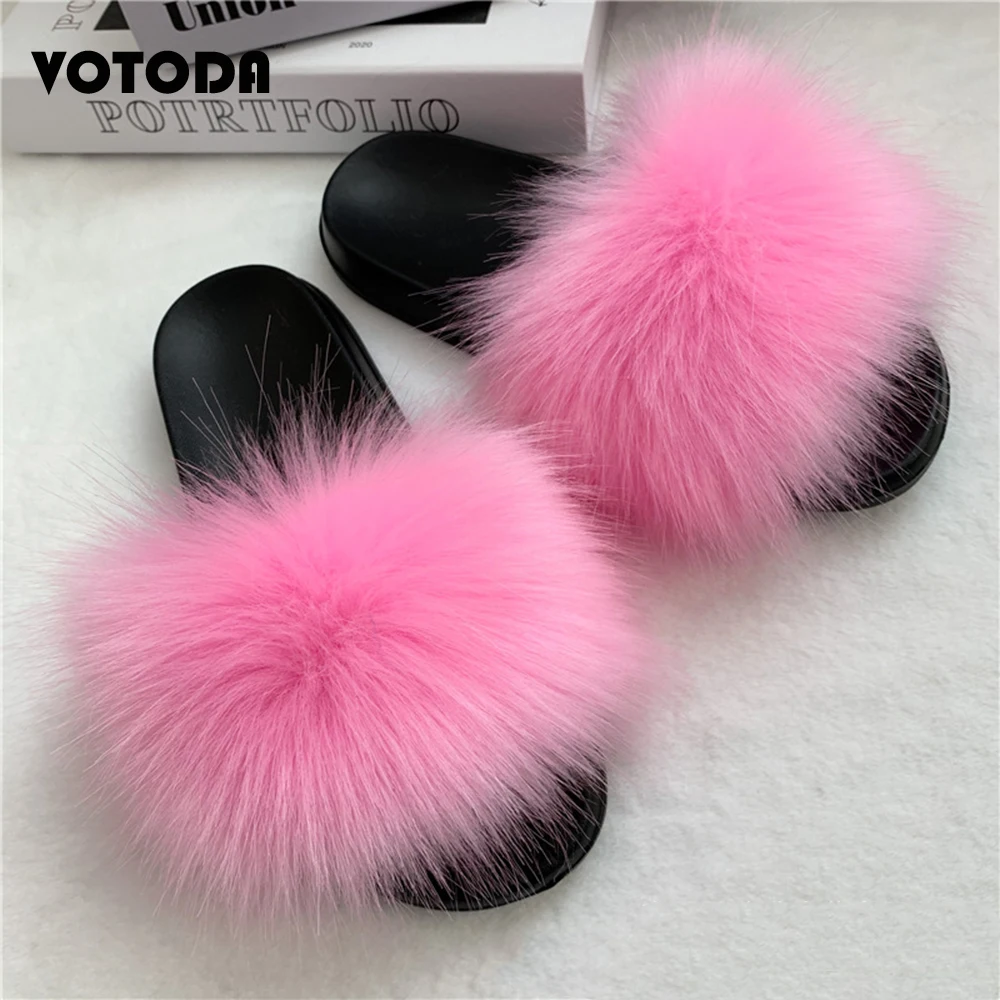 New Fluffy Faux Fur Slides Women Fur Slippers Furry Raccoon Sandals Faux Fox Fur Flip Flops Home Soft Woman Casual Plush Shoes