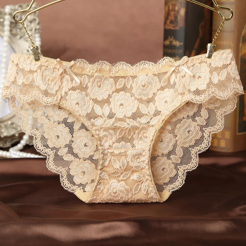 Sexy Lace Breathable Soft Lingerie Temptation Low-waist Panties Embroidery Thong Transparent Hollow Out Underwear  Bow