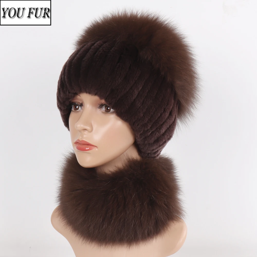 

Women Winter Outdoor Luxury Real Fox Fur Fur Hat Scarf 2 Pieces Lady Knitted Rex Rabbit Fur Top Natural Fox Fur Cap Scarves Sets