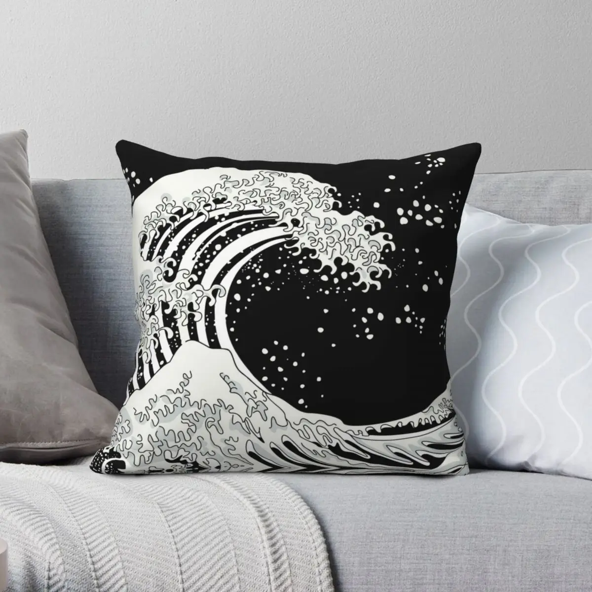 

Black And White Great Wave Square Pillowcase Polyester Linen Velvet Creative Zip Decor Room Cushion Cover