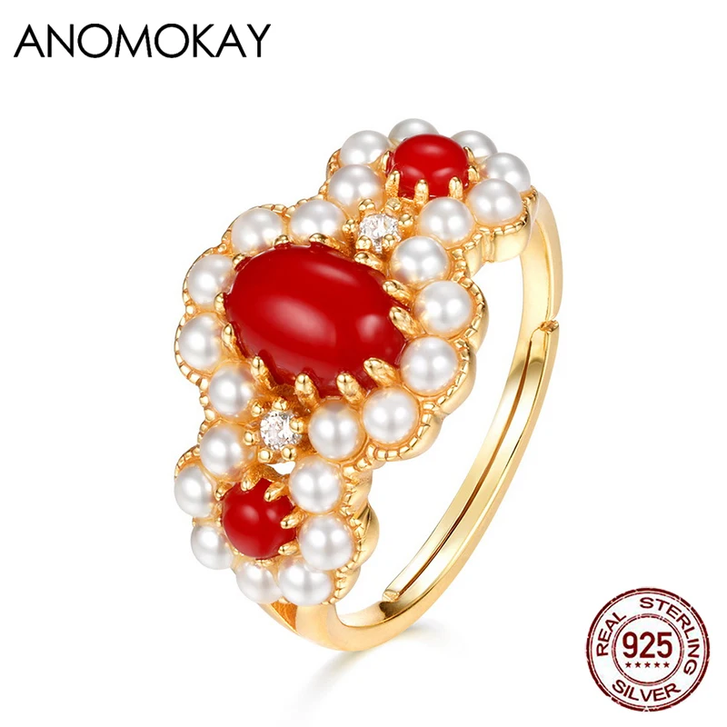 

Anomokay Luxury Red Coral Full of Pearl Gold Color Ring Real Sterling 925 Silver Pearl Rings Resizable Jewelry for Women Gift