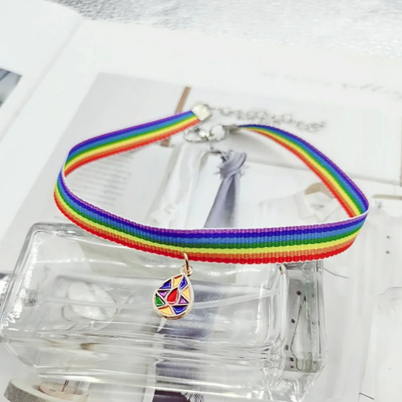 Charm Rainbow LGBT Choker Necklace for Women Couple Water Drop Moon Pendant Clavicle Chain Couple Lover Friendship Jewelry