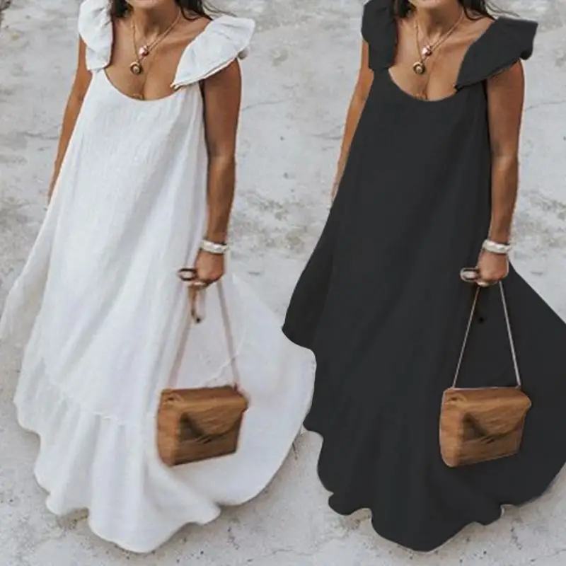 Vestido de verão feminino sexy babados saia longa casual solto cor sólida plissado tamanho grande praia saia