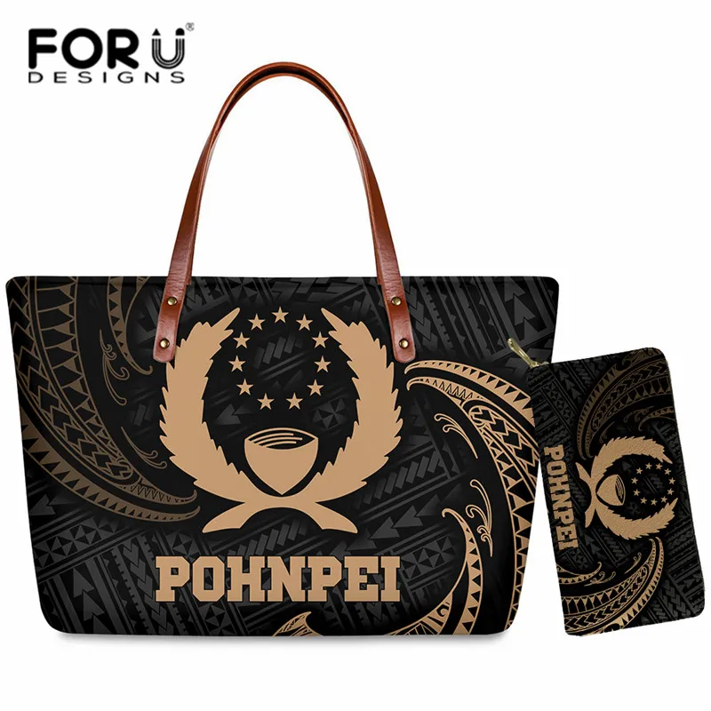 

Vintage Women's Handbag and Purse 2 Pcs Pohnpei Polynesian Design Female Clutch Tote Bag Casual Soft Large Bag Purse Set Bolsa