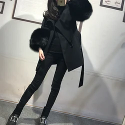 Genuine Fox Fur Women High Quality Double Faced Wool Cashmere Coat Irregular Sleeve Black Color 2019 Female Winter Woolen Coat