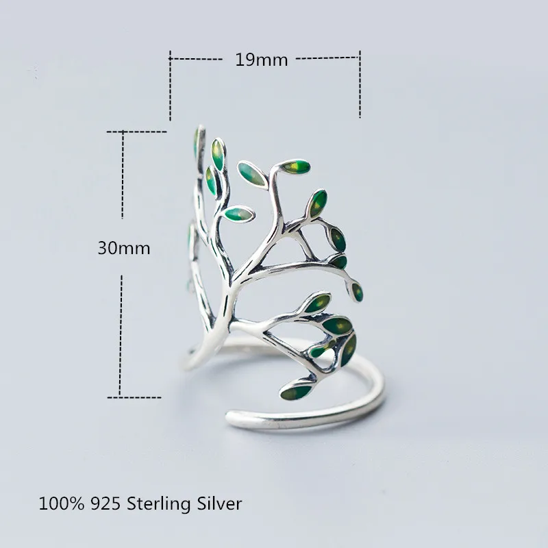 Buyee 925 Sterling Silver Big Ring Finger Green Leaf Twig Sweet Cute Open Ring for Woman Girl Fashion Party Fine Jewelry Circle