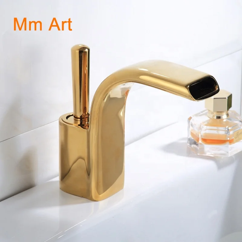 Factory Sale Deck Mount Brass Golden Waterfall Bathroom Sink Faucet Mixers Single Hole Gold Basin Water Tap GF948