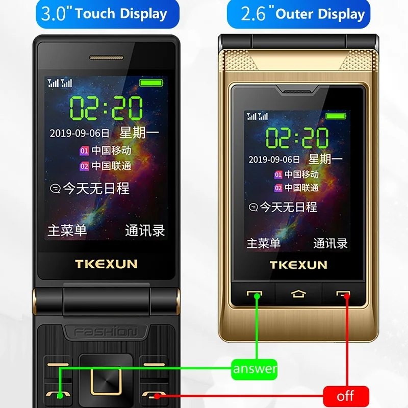 สองหน้าจอ2.8 "แสดงคู่ตอบรับบัญชีดำโทรด่วน SOS กุญแจใหญ่ไฟฉายโทรศัพท์มือถือแบบฝาพับฟรีเคส