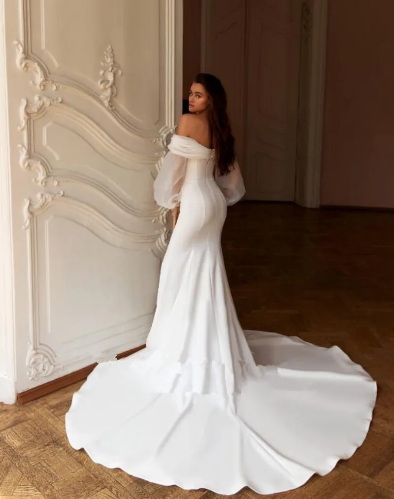 Vestido De Novia blanco De manga larga con hombros descubiertos para mujer, traje elegante De sirena con cola De barrido, 2024