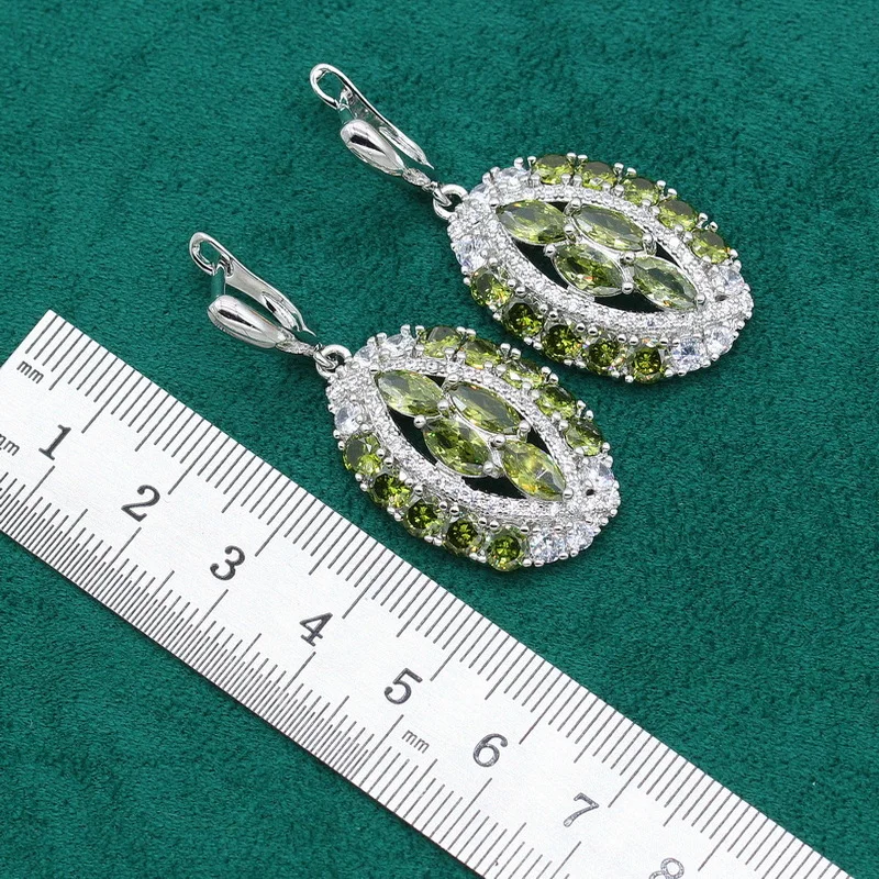 Necklace 925 Silver Jewelry Sets for Women Wedding Exquisite Olive Green Zircon Earrings Bracelet Holiday  Gift