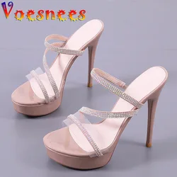 Women Slipper Summer New Female Model T Station Catwalk Sexy Diamond Transparent Shoes 12CM Quality High Heels Waterproof Sandal