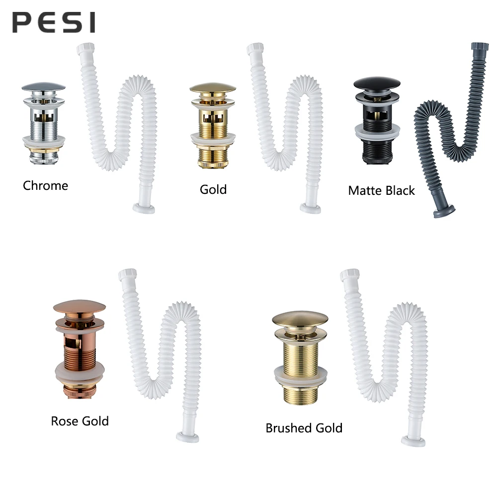 Basin Bottle Trap Brass Bathroom Sink Siphon Drains With/Without Pop Up Drain Black P-TRAP Telescopic Pipe Waste，Rose Gold.