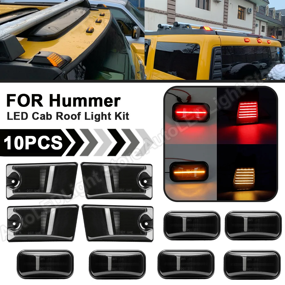 10Pcs Smoked LED Cab Roof Light Kit Top Marker Yellow+Red Light For Hummer H2 2003-2009 Hummer H2 SUT 2005-2009