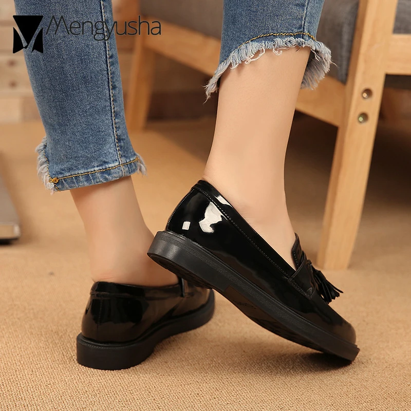 Korean Designer Fringe Mocassin Shoes Woman Oxford Slip On Flats Ladies Espadrilles Loafers Patent Leather College Girl Creepers