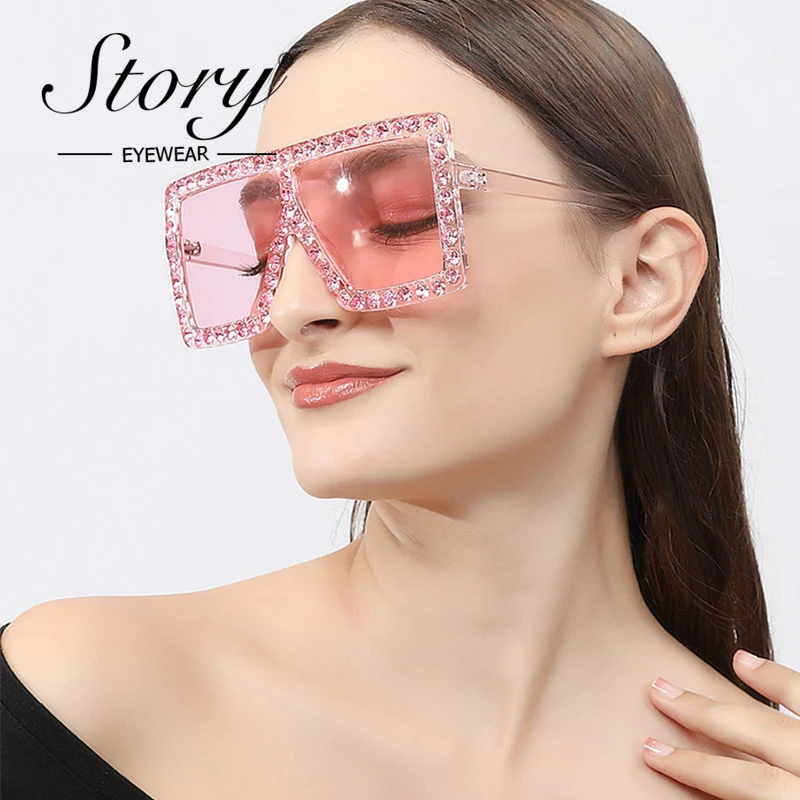 STORY Oversized Square Sunglasses with Diamond Brand Design Fashion Rhinestone Pink Frame One Piece Sun Glasses Women S2036B