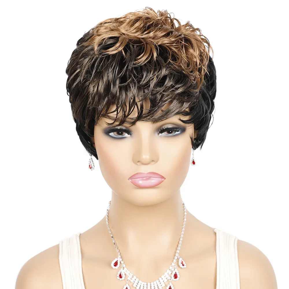 OUCEY Synthetic Hair Wigs For Women Short Wigs Women Natural Wavy Black Brown Wig Female Pixie Cut Curly Wigs With Bangs