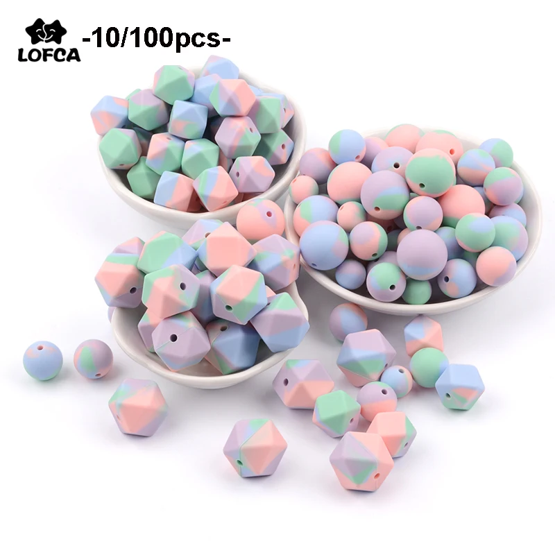 LOFCA Tie-dye 10/100pcs Silicone Beads Teething Necklace Baby Teether Toy Silicone BPA Free Teething Beads Charms Newborn