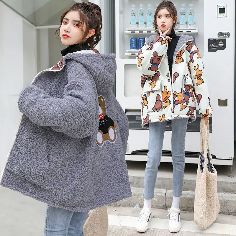 Double-sided Printed Bear Lamb Wool Cotton-padded Jacket Womens 2024 Autumn Winter Student Hooded Jackets Korean Fashion Casual