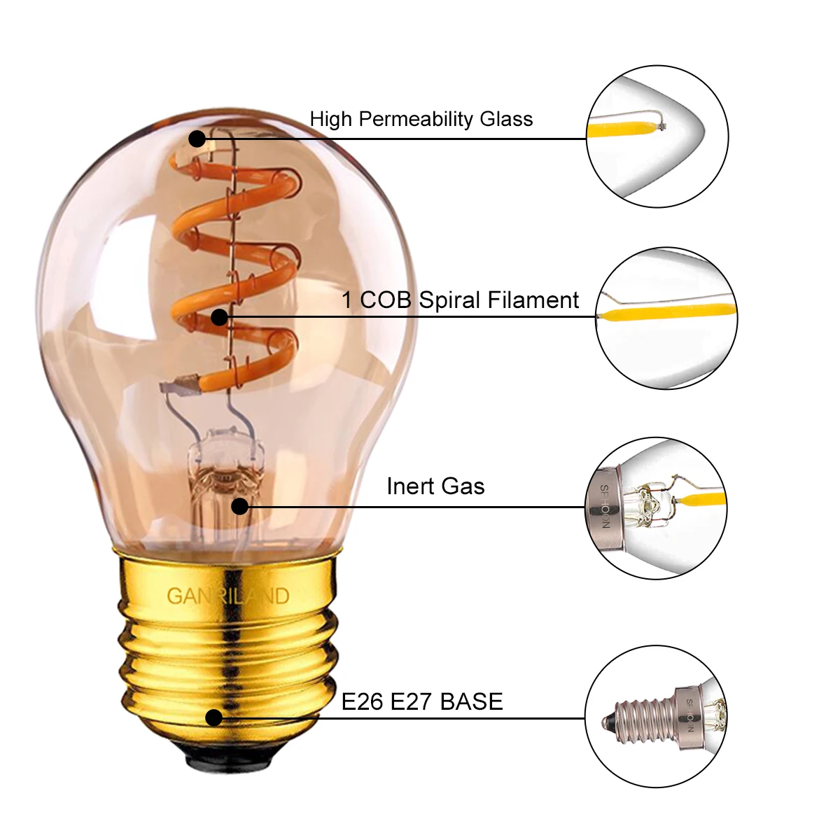 GANRILAND G45 3W E26 E27 Led Spiral Filament Bulb Edison Amber Flexible Lamp Warm White 2200K Decorative Pendant Lamp for Home