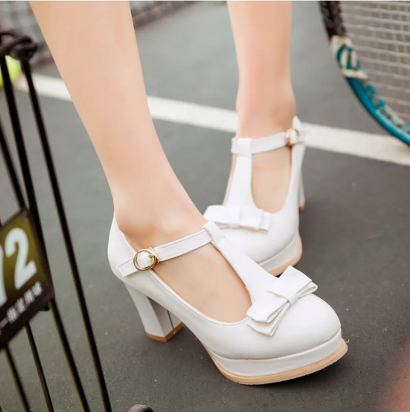 Sweet lolita shoes vintage bowknot T buckle thick high heel women shoes performance uniform Princess Lolita cosplay shoes loli