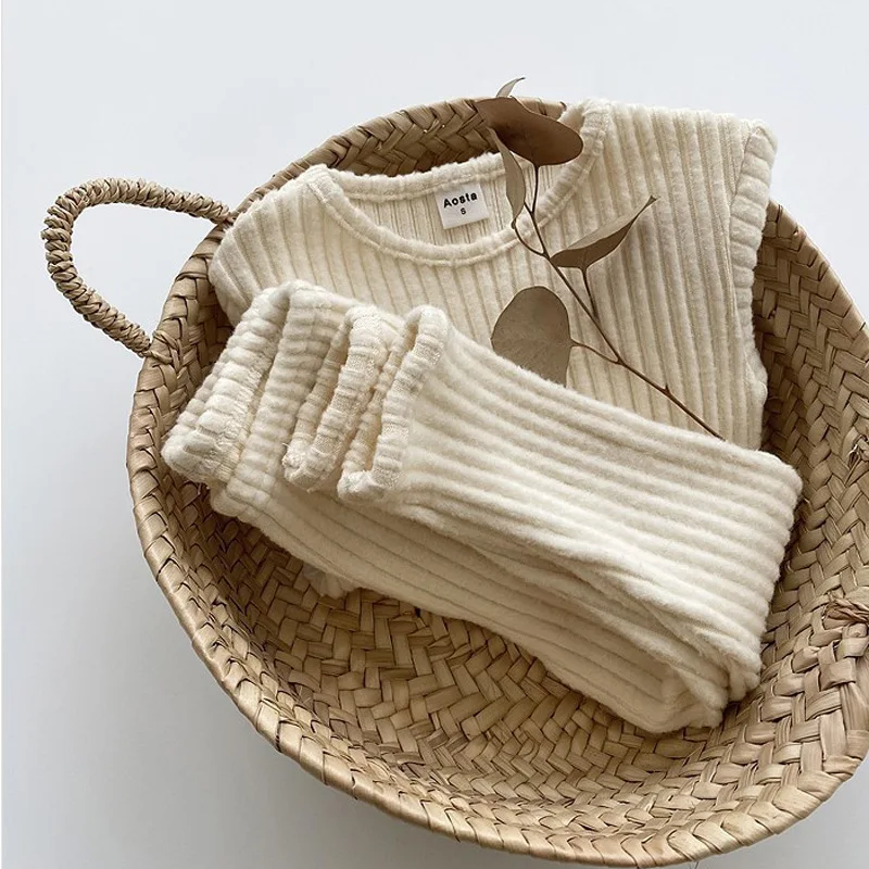 Autumn Winter New Infant Children\'S Clothing Baby Boys And Girls Clothes Set Ribbed Sweater Bottom Shirts + Pants Suit 2 Piece