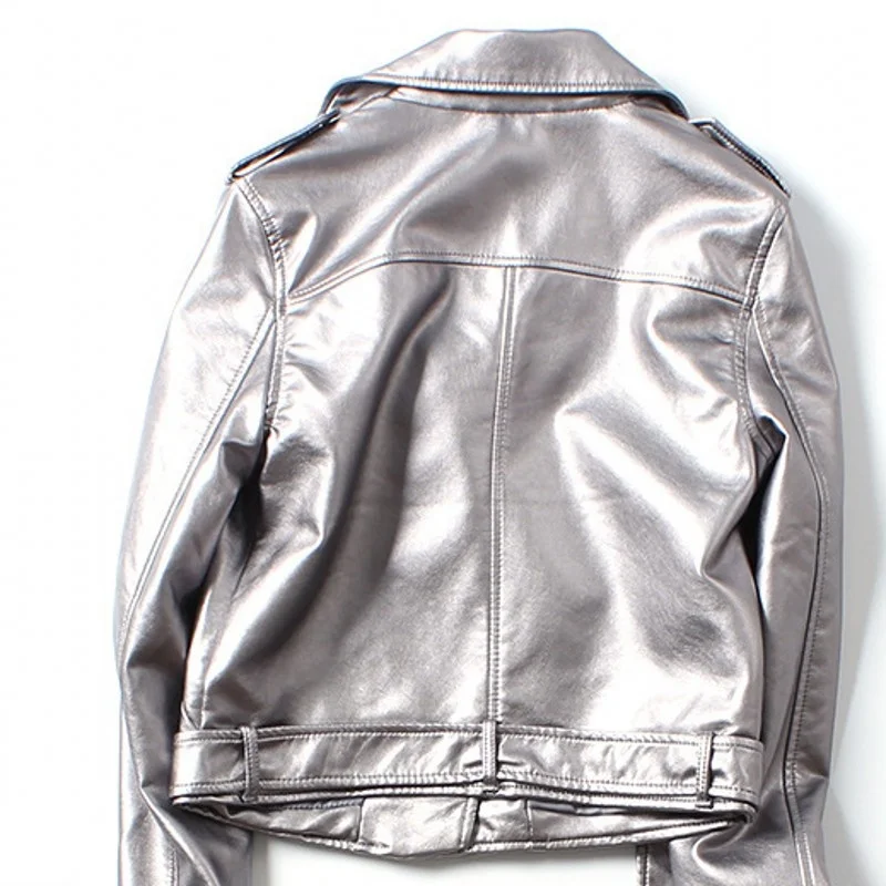 Spring 2022 Autumn New Silver Womens Short Biker Jacket Turn-Down Collar Zippers High Street Female Outerwear Korean Style