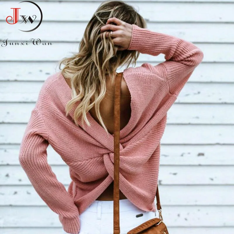 Women Back Criss Cross Beading Knitted Sweater Autumn Winter Elegant OL Warm Pullovers Fashion Solid Jumper Knitwear Pull