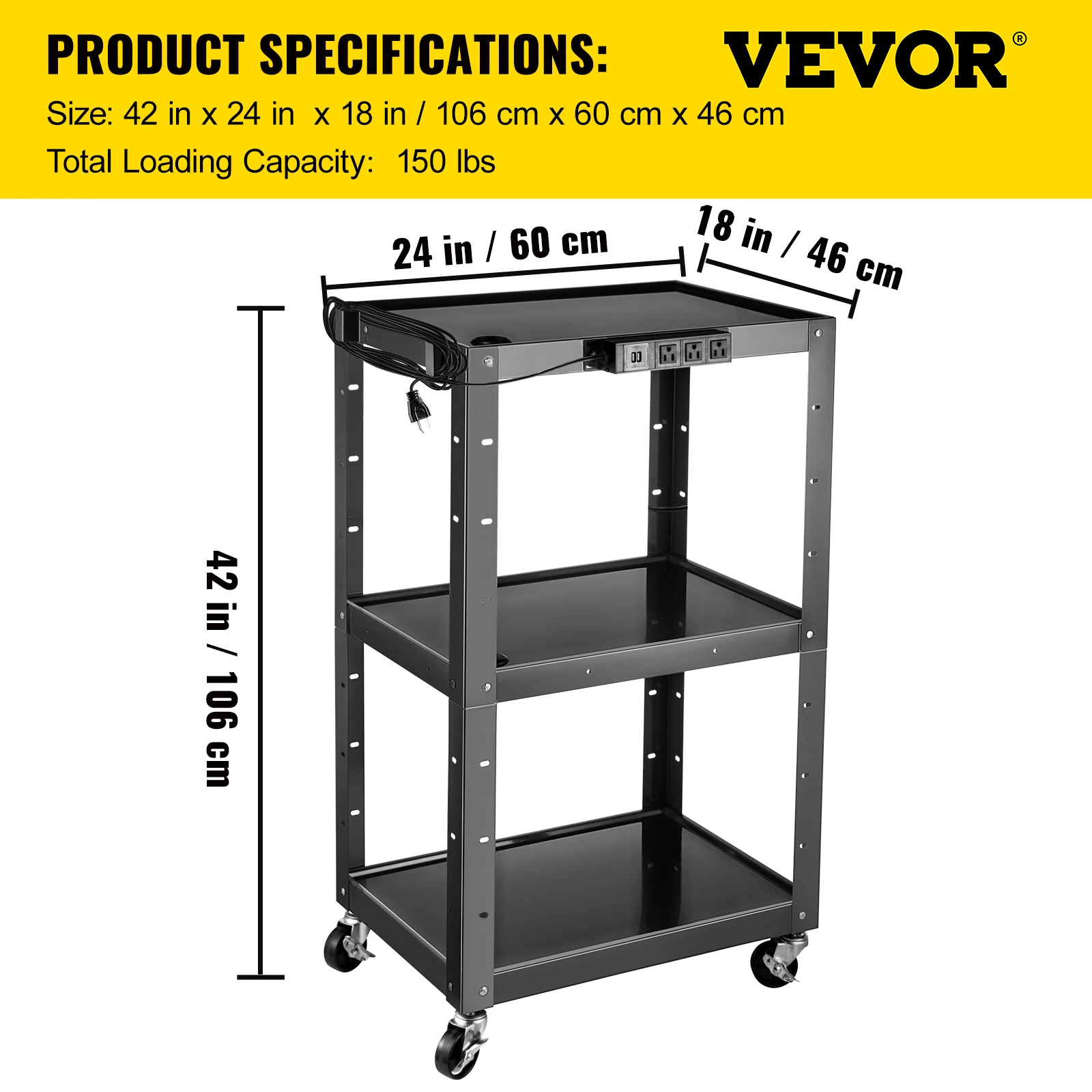 VEVOR Cold Rolled Steel AV Cart Media Cart with Cord Management 24-42 Inch Height Adjustable Shelves with Power Strip Attached