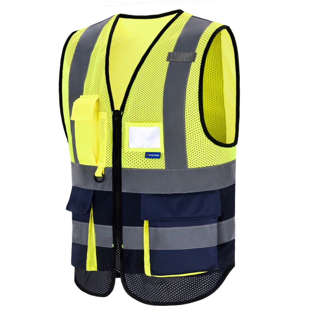 AYKRM wysoka widoczność kamizelka odblaskowa bezpieczeństwo kieszeń na zamek Hi Viz kamizelki bezpieczeństwa Multi Logo na zamówienie budowa