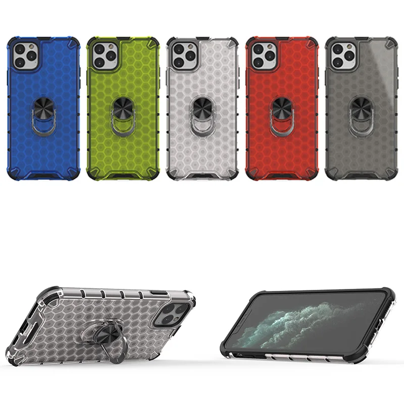 Car Mounted Honeycomb Style Case For iPhone 16 15 14 13 12 Mini 11 Pro Max XS XR Plus  TPU  PC Ring Stand Shockproof Cover